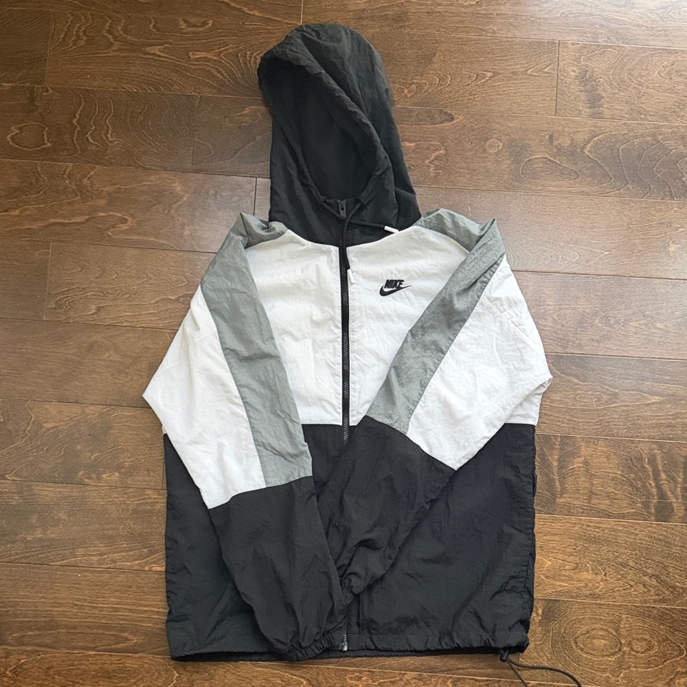 Vintage windbreaker Nike Tri-Color Hooded Jacket in Black, Gray, and White